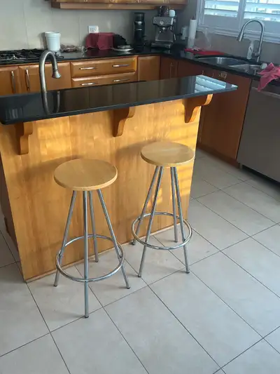 FOR SALE: Pair of 30 "Blond Wood Seat Stools, View more