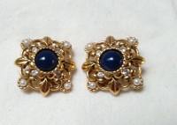 Vintage Square Clip Earrings, prl/crystals/ blue