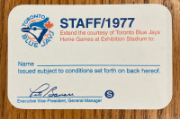 1977 Toronto Blue Jays Staff Pass - measures 3 1/2 by 2 1/2 inch