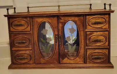 Vintage Musical Wooden Mirror Top Large Jewelry Box Glass Doors, View more