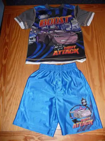 Blue and grey T-shirt (Size 6X - "Drift Attack" - crackles in silver part of design) with matching b...