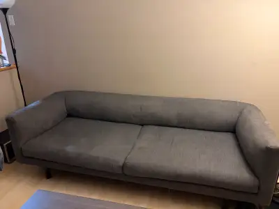 EQ3 Grey Fabric Sofa + White Microwave/Air Fryer Stand-MOVE OUT SALE 1. EQ3 Grey Fabric Sofa – Good...