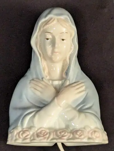 For sale is a lovely, pristine condition Mid-Century Glazed Porcelain Mary Madonna Devotional Statue...
