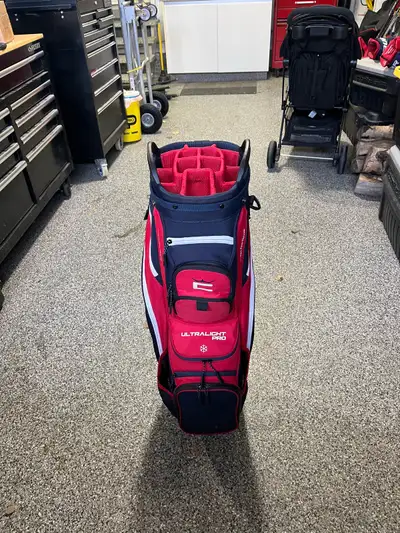 Cobra Ultra Light Pro Cart Bag Red and Blue Colourway Cooler pocket for drinks Golf cart strap loop...