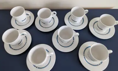 Set of 8 Vintage Syracuse China Cups / Saucers Blue Design, View more
