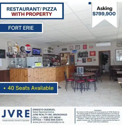 Turnkey Restaurant & Pizza Business with Property – Fort Erie, ON! Own the Business & Property – No...