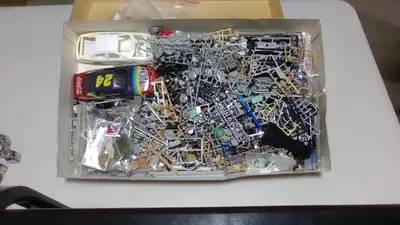 Hundreds of parts left over from many builds. 1/48Aircraft, 1/35 armour, 1/24 NASCAR, 1/12 Formula 1...