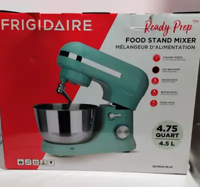 NEW and NEVER USED, in box, Frigidaire stand mixer, with attachments. 8 speeds, dough hook, whisk an...