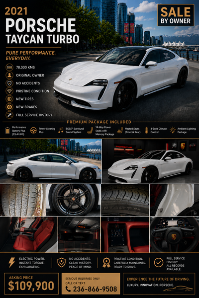 2021 Porsche Taycan Turbo – Premium Package – Original Owner – No Accidents – Immaculate Price: $109...