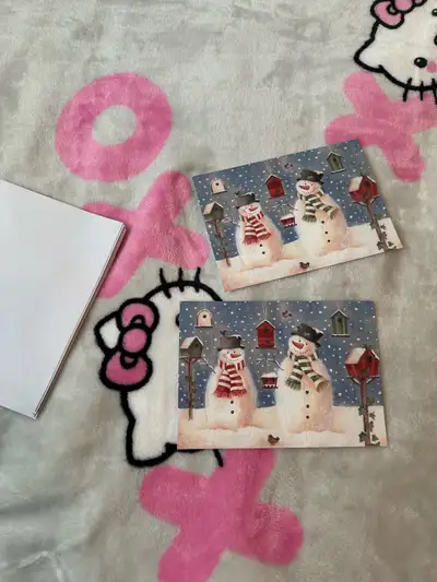 2 snowmen + bird feeder holiday Christmas cards + envelopes , View more
