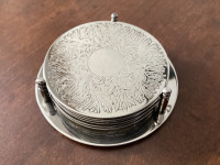Set of 6 Vintage “Elegance” Silver Plated Coasters with Caddy