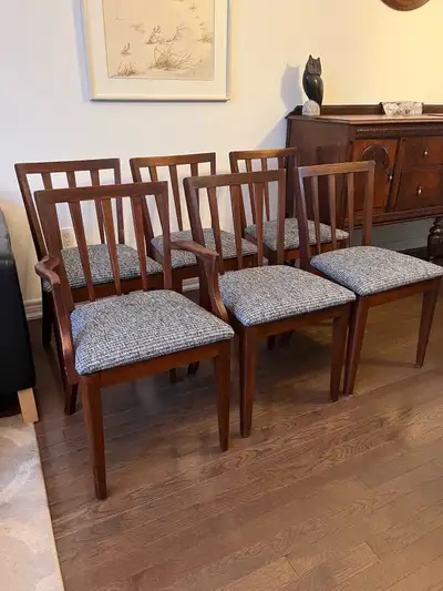 6 vintage walnut dining chairs (made by Gibbard furniture), View more