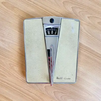 Vintage, mid-century-classic style Health-O-Queen brand analog bathroom scale from the 1950s or 1960...