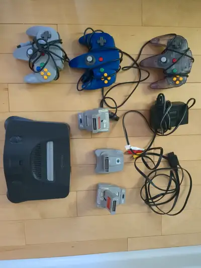 N64 Console with 3 controllers and extras, View more