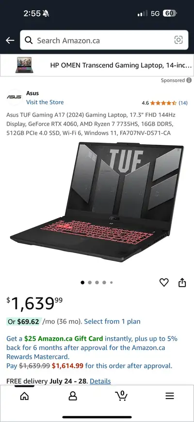 ASUS TUF A17 Gaming Laptop - Ryzen 7, 16GB RAM, 521GB SSD, View more