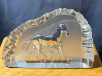 Vintage Heavy Glass Horse Theme Paperweight, Etched Horse Glass 