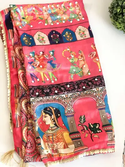 Mughal Print Mirror Work Dupatta, View more