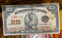 ANTIQUE 1923 DOMINION OF CANADA 25 CENTS BANKNOTE CANADA