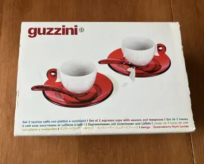 Guzzini Set of 2 Espresso Cups White with Red Saucers and Spoons, View more