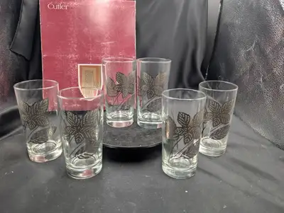 Vintage Glassware Platinum Leaves Libby Cutler Original Box 6 Pc, View more