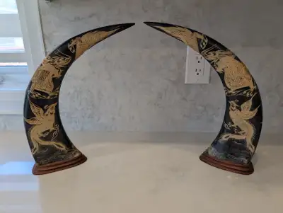 Pair of Mounted Carved Water Buffalo Horns with Dragons and Phoe, View more