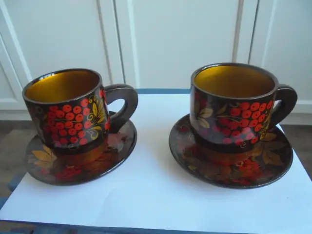 Russian Khokhloma 2 cups/saucers & 2 goblets wooden housewares63006661363841124