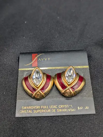 Gold plated, red enamel and a clear Swarovski crystal S.A.L. Vintage 1980's Swarovski Earrings 1 inc...