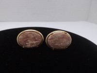 Oval Pink Agate and Gold Tone Cufflinks