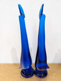 Vintage tall cobalt blue glass swan figurine pair