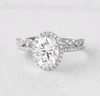 2.0ct Oval Moissanite Pave Vintage Halo Ring Set 2pcs 14k Gold