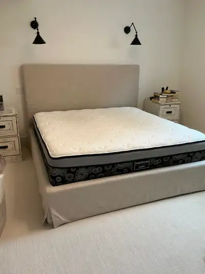 King size platform bed brown linen fabric in like new condition. Can include Kingsdown mattress or g...