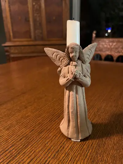 Estate sale - Clay angel with candle, about 7 inches tall, View more