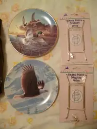 Bald Eagle + Mallards collector china plates with holders - new