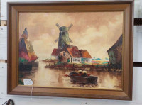 MCM Original Oil Harbor Scene with Dutch Windmill