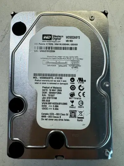 5 are available ... 500GB WD5002ABYS 3.5" SATA $35 ea All 5 to 1 buyer == $150 Excellent Condition!...