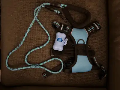 Harness, Poop Bag Dispenser & Leash. Medium. Chest 22-26” Neck 14-19” Leash 5FT. Pick up only. No ho...