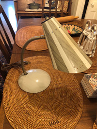 MCM Grey Metal GooseNeck Lamp With Stripped & Perforated Shade