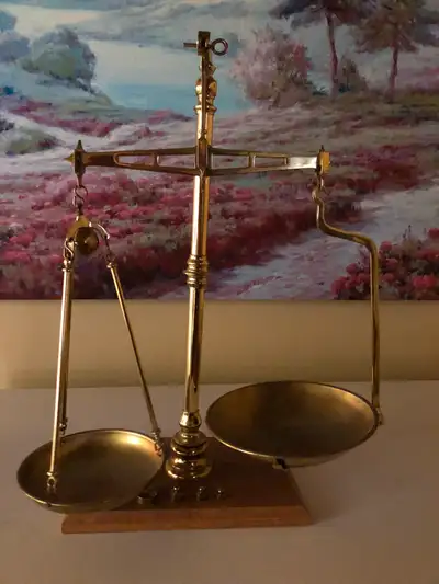 Old Victorian Large Brass Balance Scale on Wooden Base with Weights Don’t know the exact age but the...