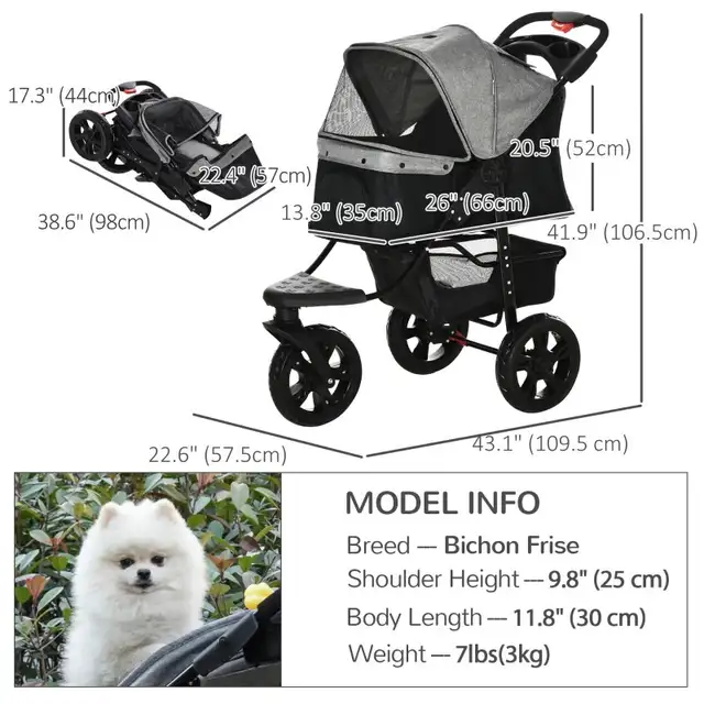 3 Wheel Folding Dog Stroller, Grey Color  in Other in Markham / York Region - Image 4