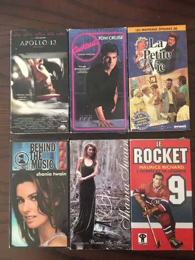 6 cassettes VHS - Film Apollo 13 - Film Cocktail avec Tom Cruise - Shania Twain x 2 - Le Rocket (Mau...