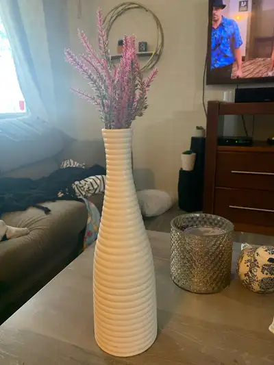 Tall Cream Vase with fake Lavender- 5$, View more