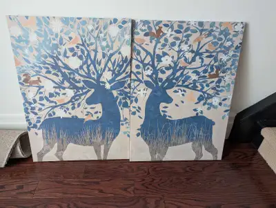 A pair of pictures bough a couple years ago at Ikea. They've been hung with command strips. No damag...
