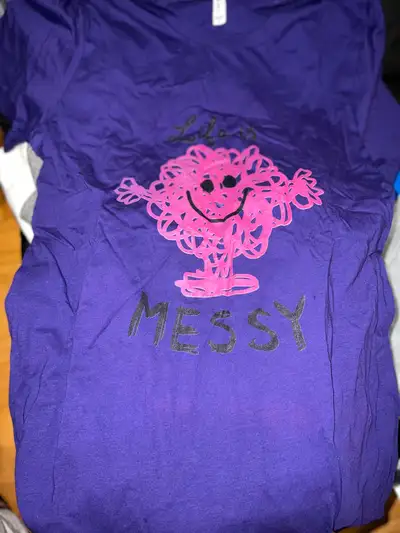 Purple cotton t-shirt. Features a Mr Men Little Miss design. Size medium.