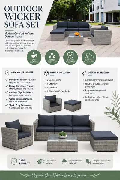 ‼️Modern Outdoor Patio Set – Sofa, Chair, Ottoman & Table‼️, View more