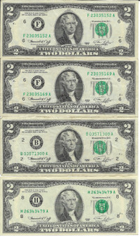 FOUR 1976 (BICENTENNIAL YEAR) $2 Dollar Bill U.S. Notes