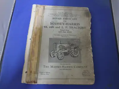 Original Massey Harris 44 44K Parts Manual 185 pages Covers Serial 1001 - 40000 - Fair Condition - C...