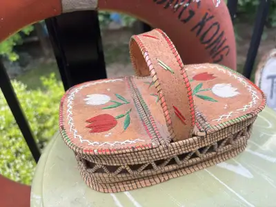 Handcrafted Indigenous basket made from birch bark and sweetgrass with colourful porcupine quill dec...