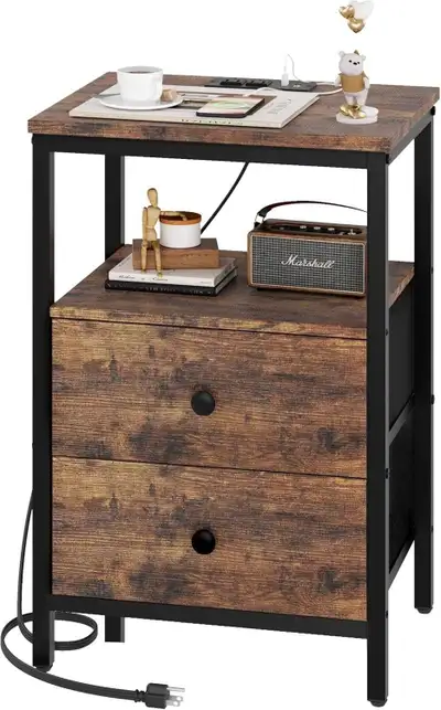 NEW - NIGHT STAND with drawers + Charging Station, View more