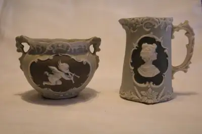 Vintage Bisque Porcelain Pitcher & Bowl Set – Neoclassical Cameo, View more