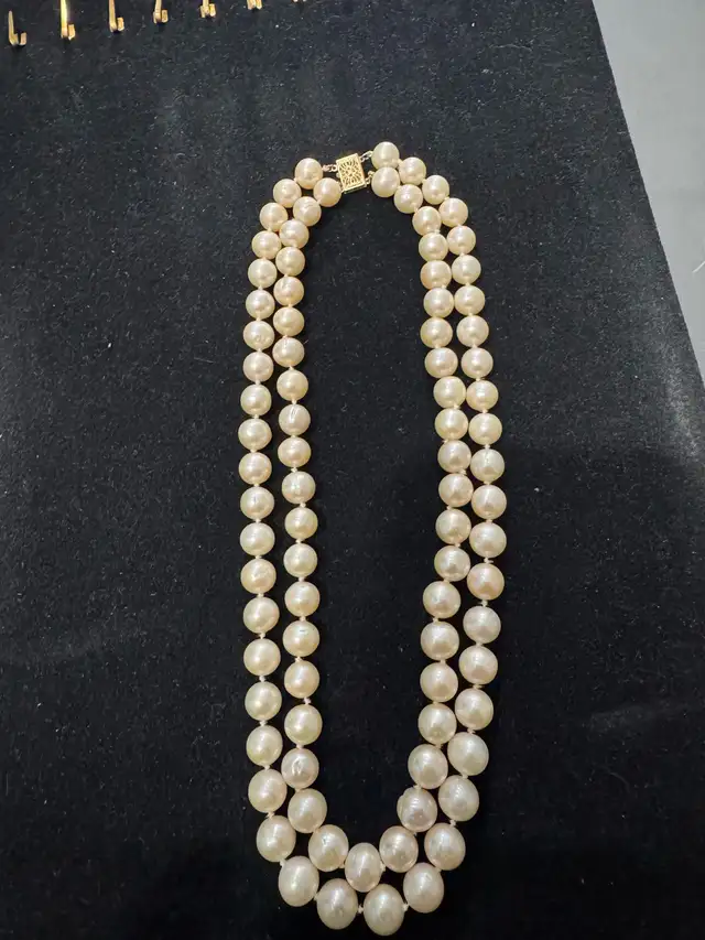 Double Strand Pearl Necklace with 14K Gold Filigree Clasp 18 in